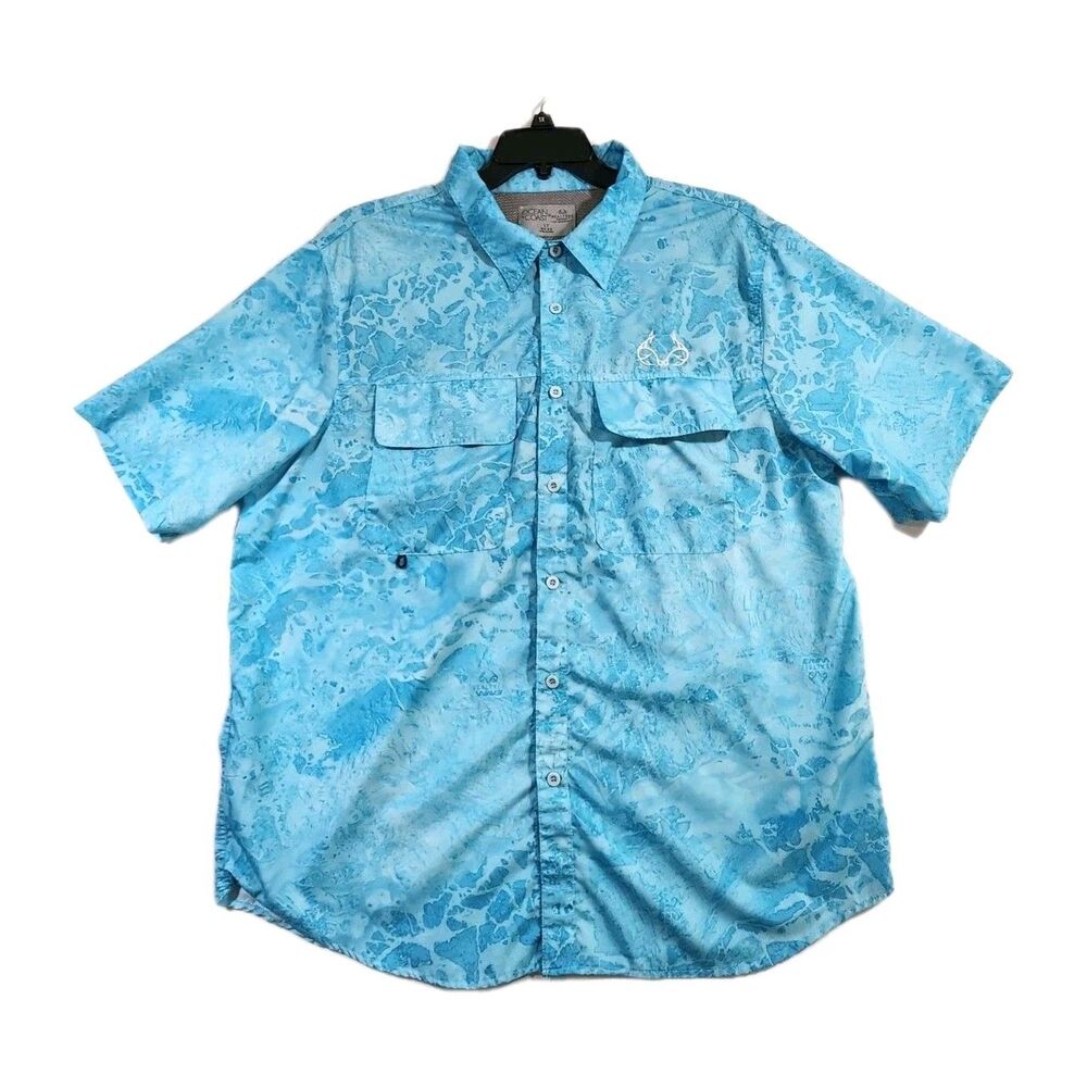 Ocean+Coast Mens Fishing Shirt LT Short Sleeve Logo Realtree Aqua Water Print